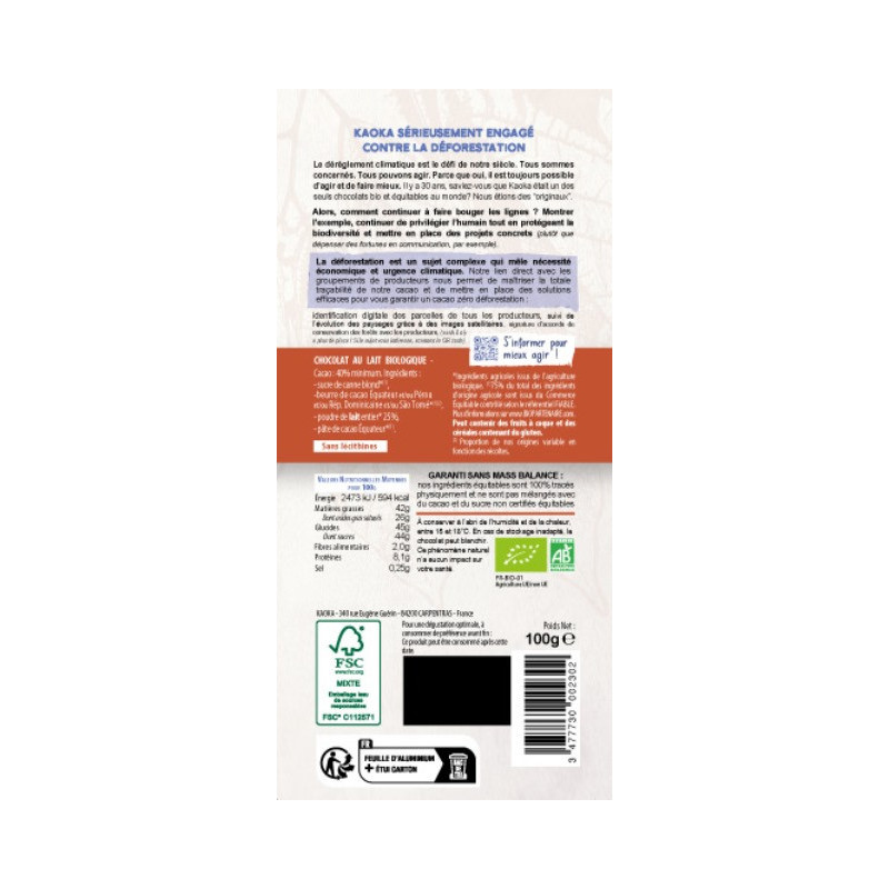 Chocolat 40% au lait fondant Equateur 100g