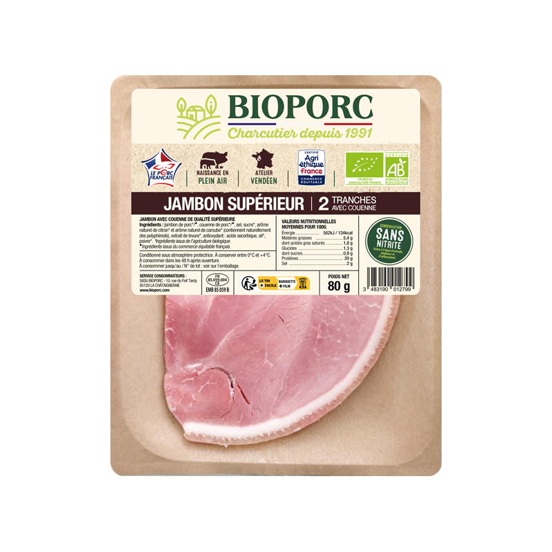 Jambon supérieur avec couenne conservation sans nitrite x2 80g