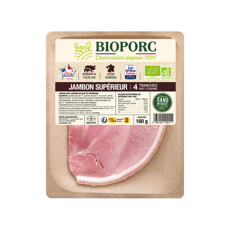 Jambon supérieur avec couenne conservation sans nitrite x4 160g