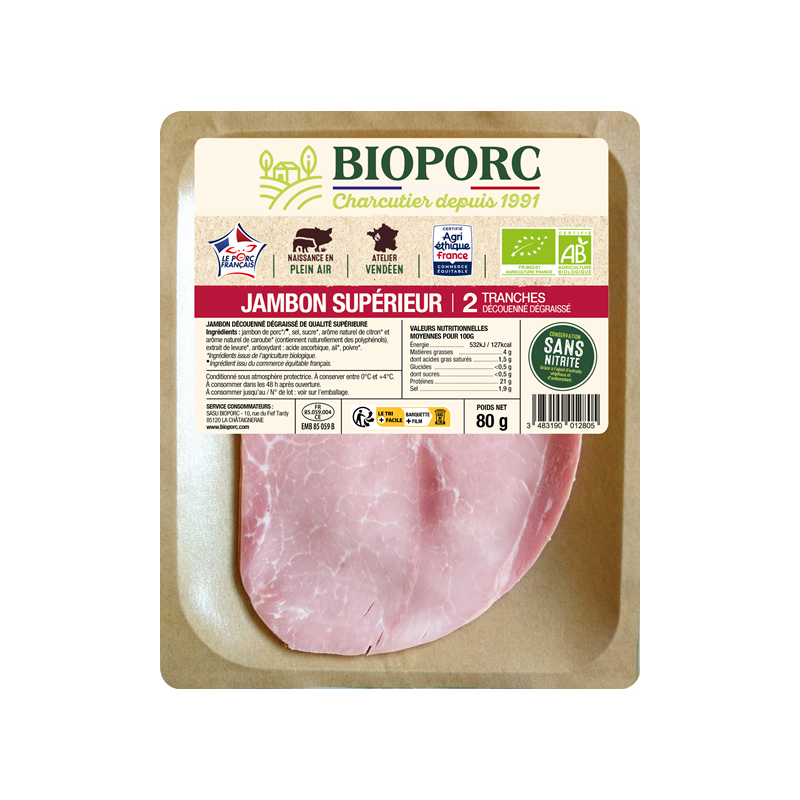 Jambon supérieur découénné-dégraissé, conservation sans nitrite, x2 80g