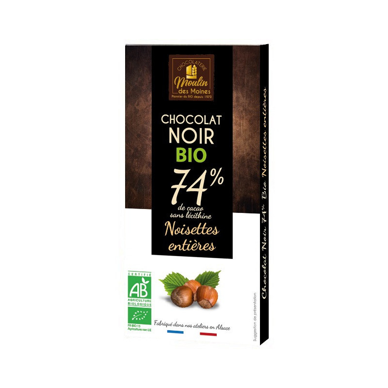 Chocolat noir et noisettes entières 74% de cacao 100g
