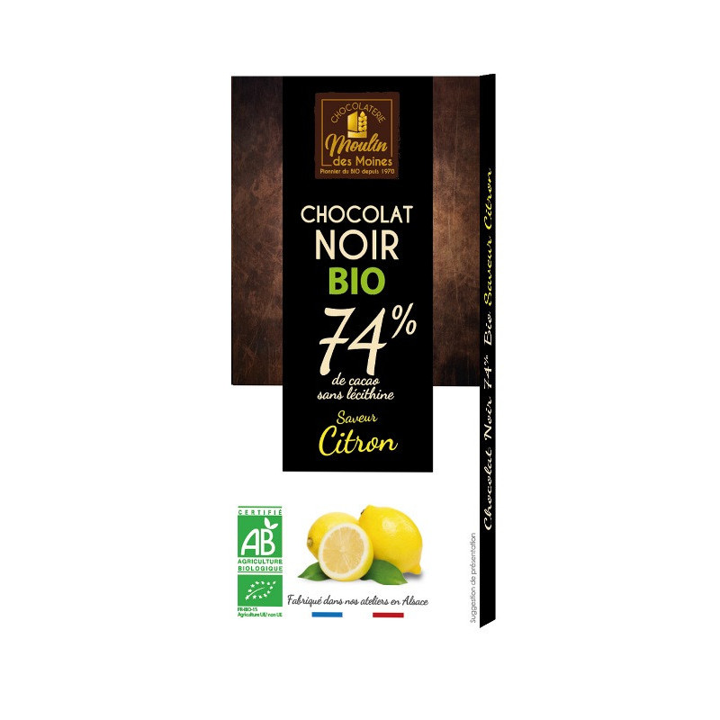 Chocolat noir au citron 74% de cacao 100g