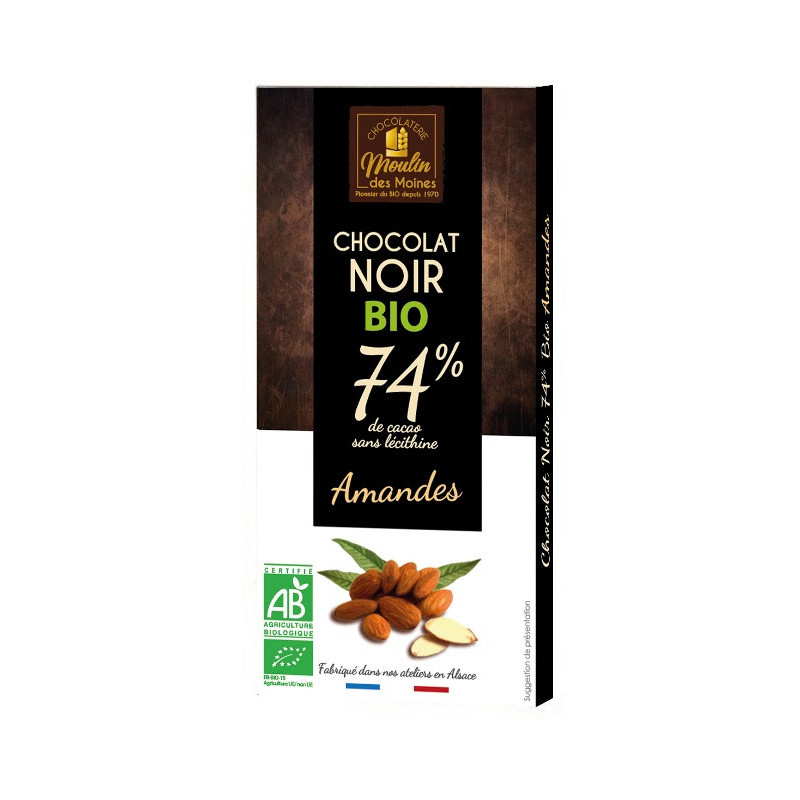 Chocolat noir et amandes entières 74% de cacao 100g