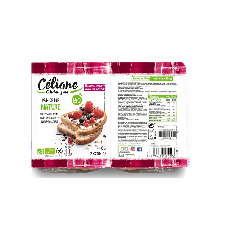 Pain de mie nature, sans gluten 2x200g, 400g