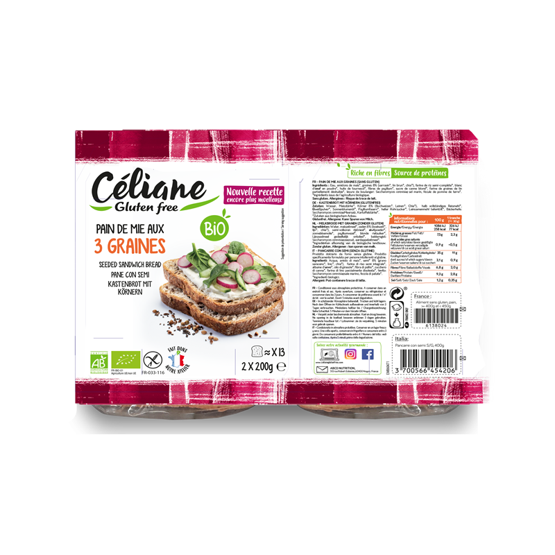 Pain de mie aux graines, sans gluten 2x200g, 400g