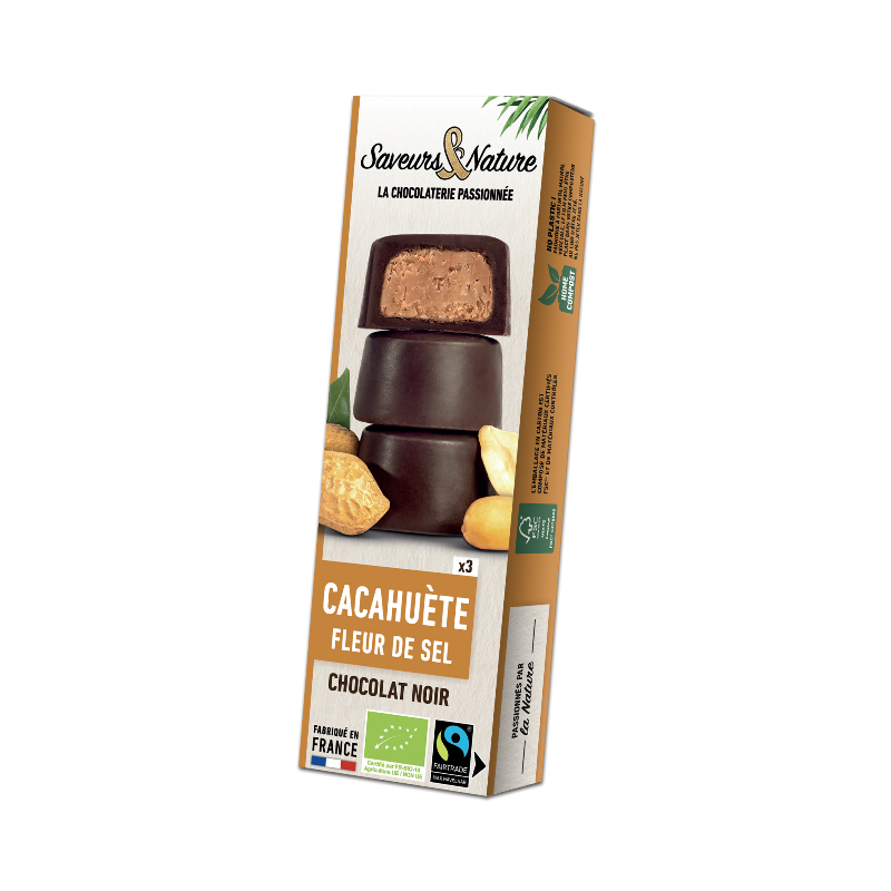 Bouchées cacahuètes & Fleur de sel enrobées de chocolat noir 3x15g