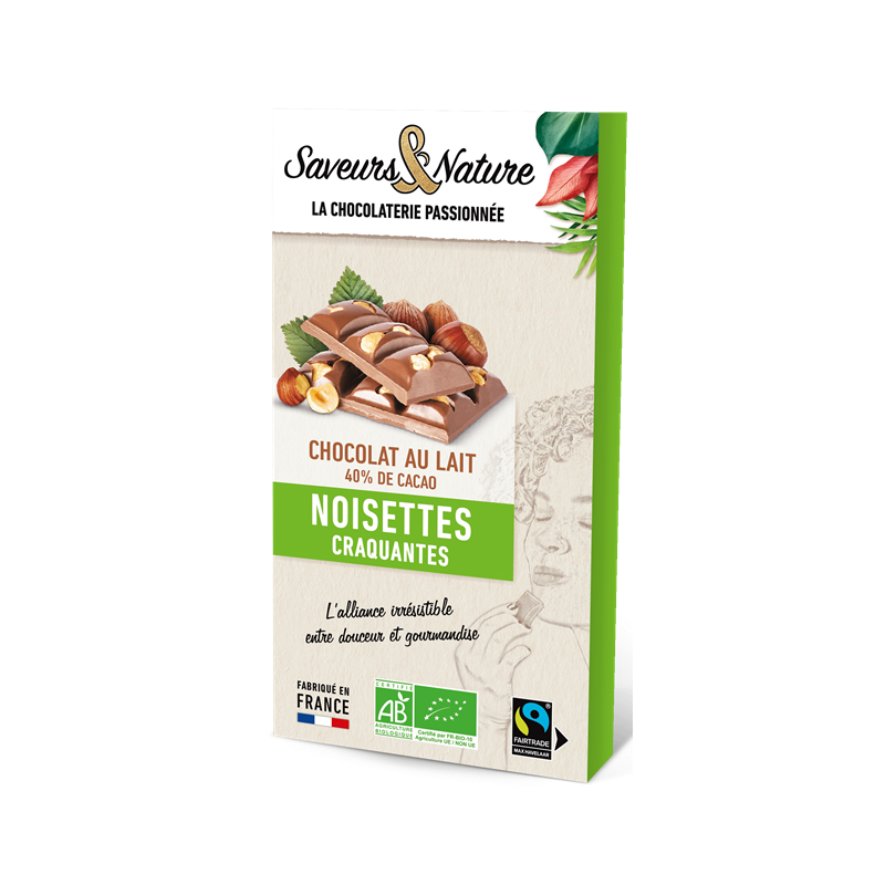 Chocolat lait 40% de cacao, noisettes entières 100g