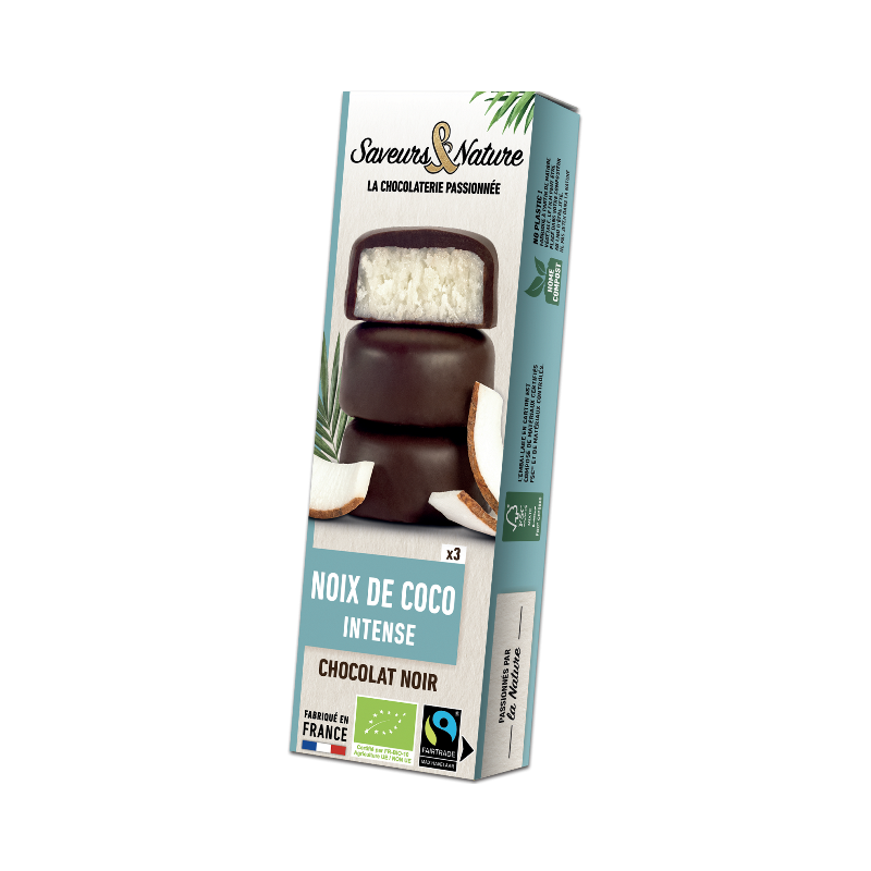 Bouchées de noix de coco enrobées de chocolat noir 70% de cacao 3x15g