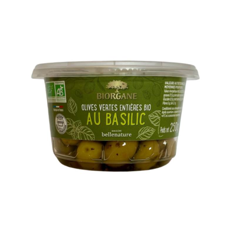 Olives vertes entières au basilic en pot, 250g