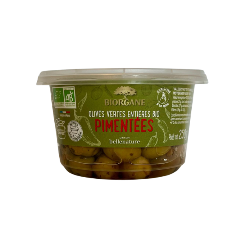Olives vertes entières pimentées en pot, 250g