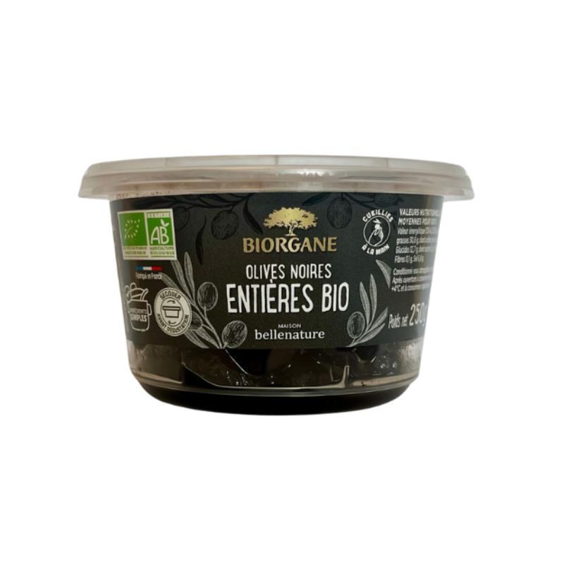 Olives noires entières natures en pot, 250g
