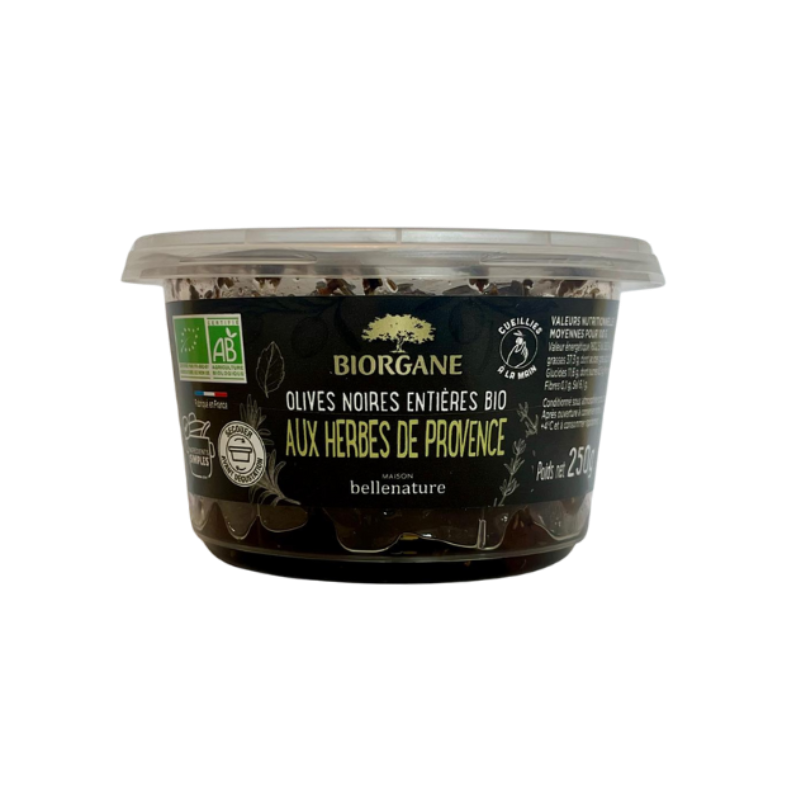 Olives noires entières aux herbes de Provence en pot, 250g