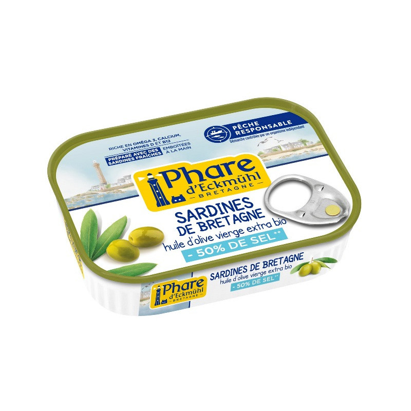 Sardine pêche responsable" huile d'olive vierge extra bio -50% de sel 115g"