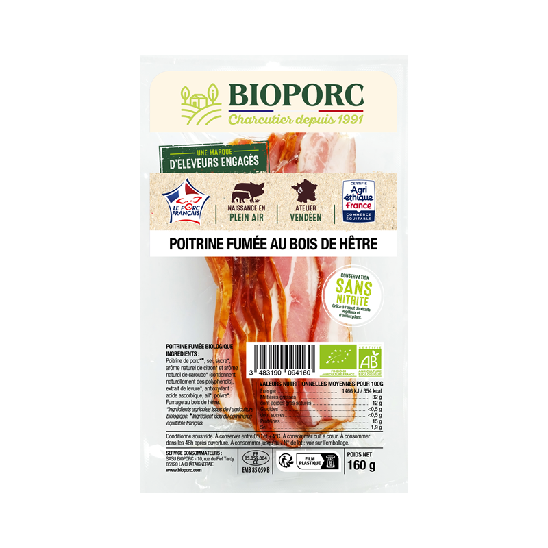 Poitrine fumée tranchée conservation sans nitrite x6 160g