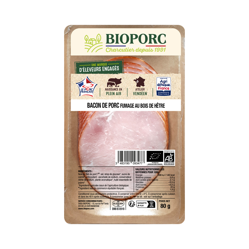 Bacon de porc fumé au bois de hêtre (barquette carton) x8, 80g