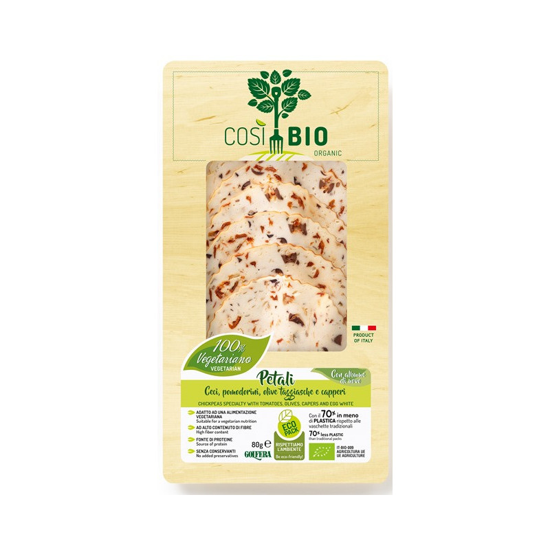 Spécialité de pois chiches et blanc d'oeuf avec tomates, olives et câpres 80g