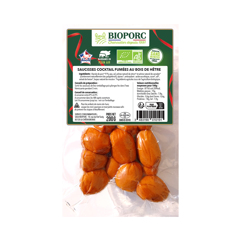 Saucisses cocktail fumées au bois de hêtre sans nitrites 200g
