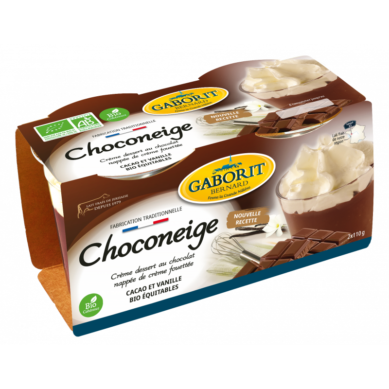 Choconeige, crème dessert au chocolat nappée crème chantilly, 2x110g,dlc min 7 j