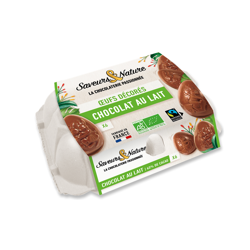 Boîte à oeufs, chocolat au lait 55% enveloppés indivisuellement 6x15g
