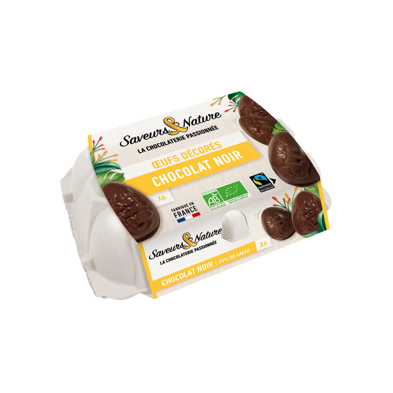 Boîte à oeufs, chocolat noir 55% cacao enveloppés indivisuellement 6x15g