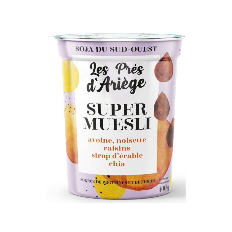Soja brassé, sucré, aux flocons d'avoine, noisettes, raisins et chia 400g