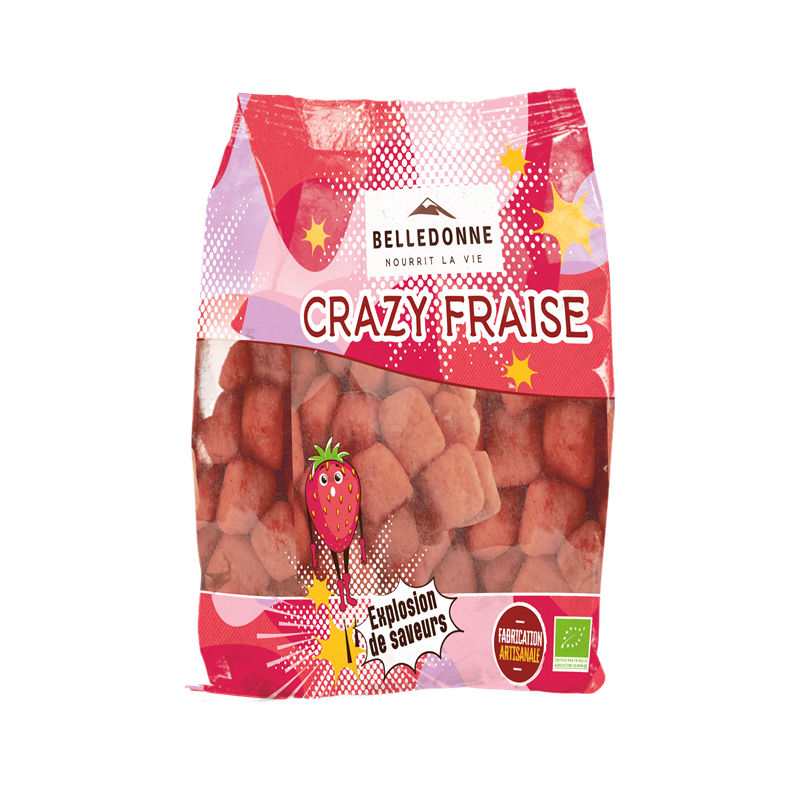 Bonbon crazy fraise, guimauve au goût fraise et enrobée de sucre 120g