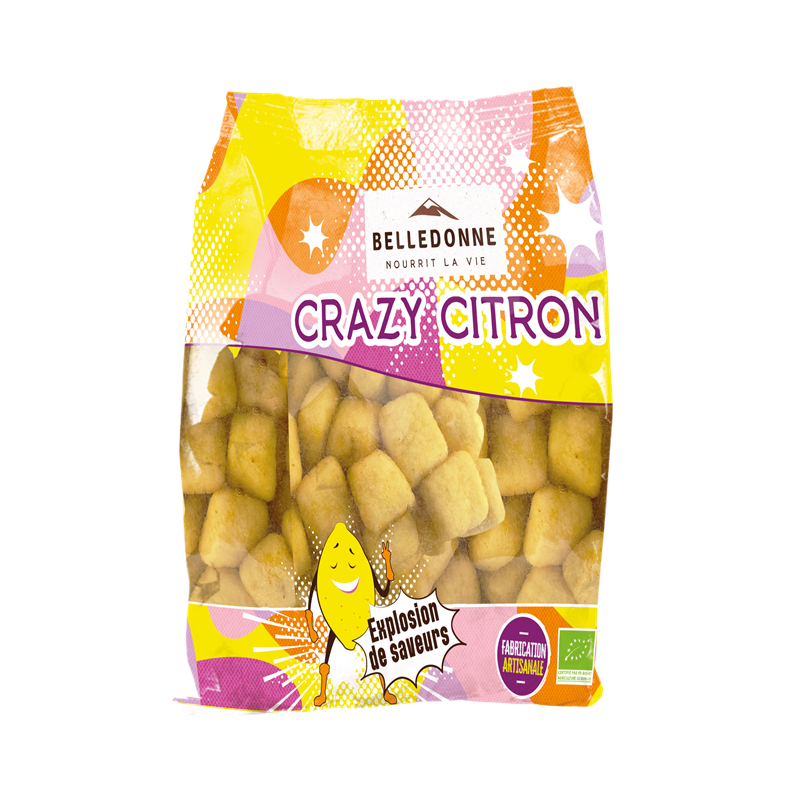 Bonbon crazy citron, guimauve au goût fraise et enrobée de sucre 120g