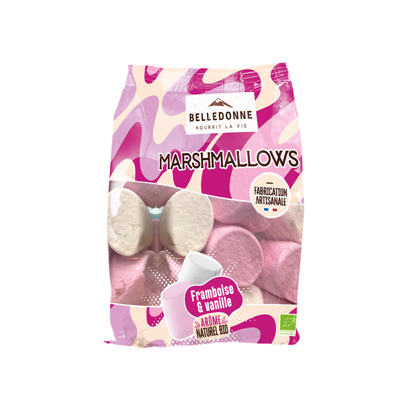 Bonbon marshmallows, guimauve goût framboise et vanille 130g