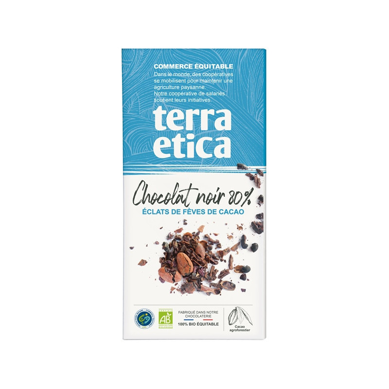 Tablette chocolat noir éclat de fève de cacao 80% 100g