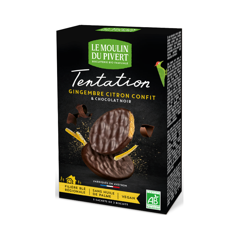 Tentation biscuit au gingembre enrobé de chocolat noir 115g, végan
