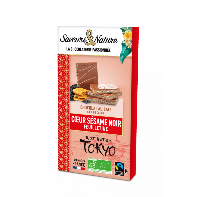 Chocolat au lait fourrée sésame noir et feuilletine, destination Tokyo 92g