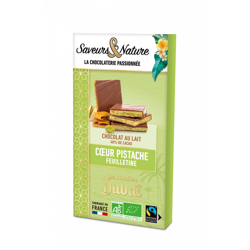 Chocolat au lait fourrée pistache feuilletine, destination Dubaï 92g