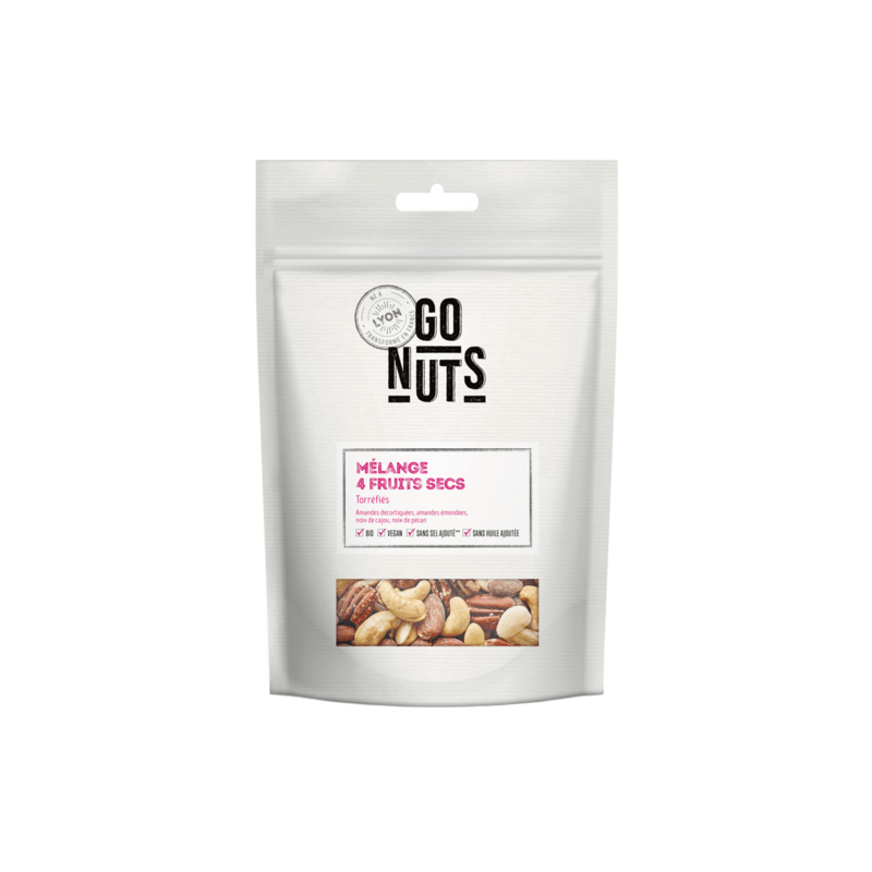 Mélange 4 fruits secs torréfiés: pécan, cajou, amande décort et amande emon 125g