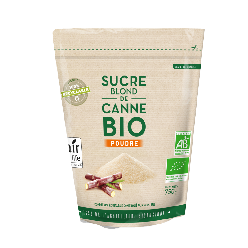Sucre de canne blond poudre Brésil, commerce équitable, doypack 750g
