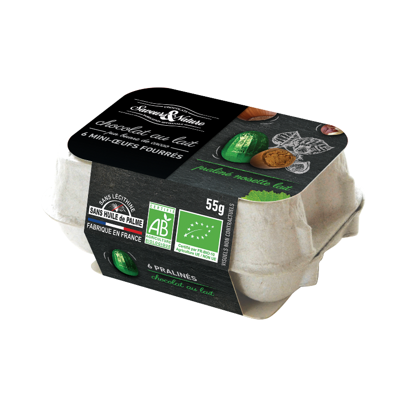Boîte de 6 mini-oeufs au praliné enrobés de chocolat au lait 55g