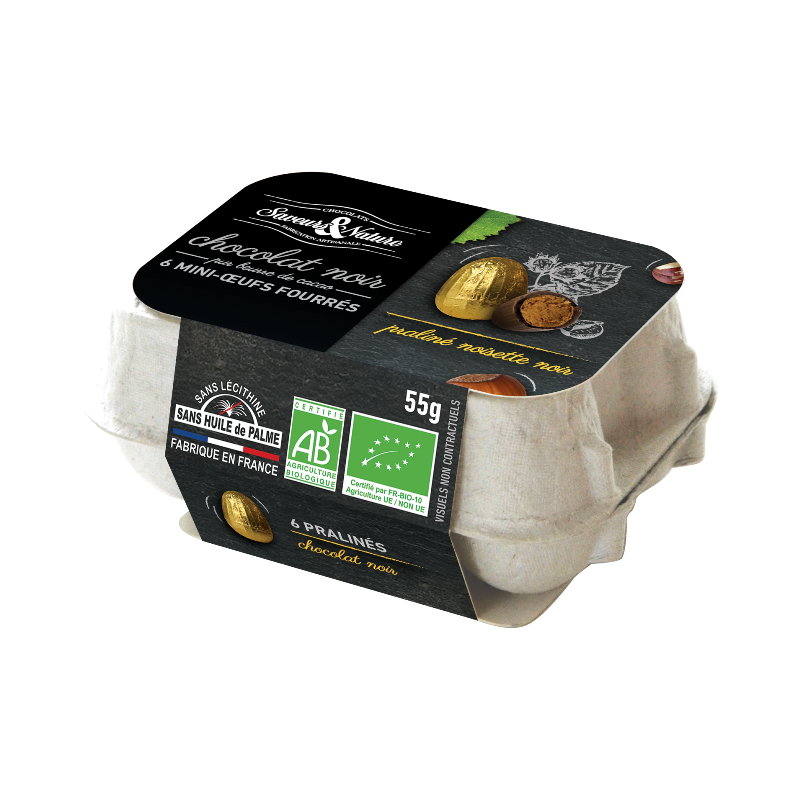 Boîte de 6 mini-oeufs au praliné enrobés de chocolat noir 55g