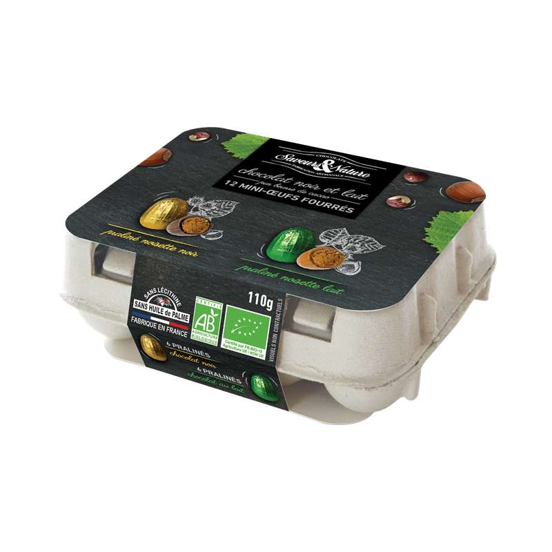Boîte de 12 mini-oeufs: 6 praliné enrobés noir - 6 praliné enrobés lait 110g