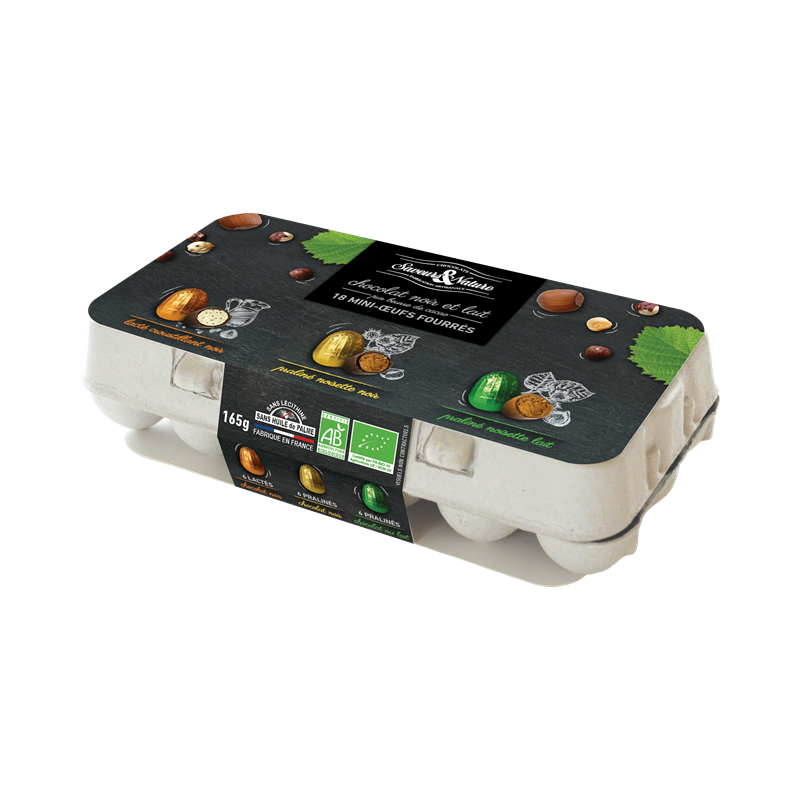 Boîte 18 mini-oeufs: 6 pralinés enrobés noir - 6 lait - 6 coeurs fondants 165g