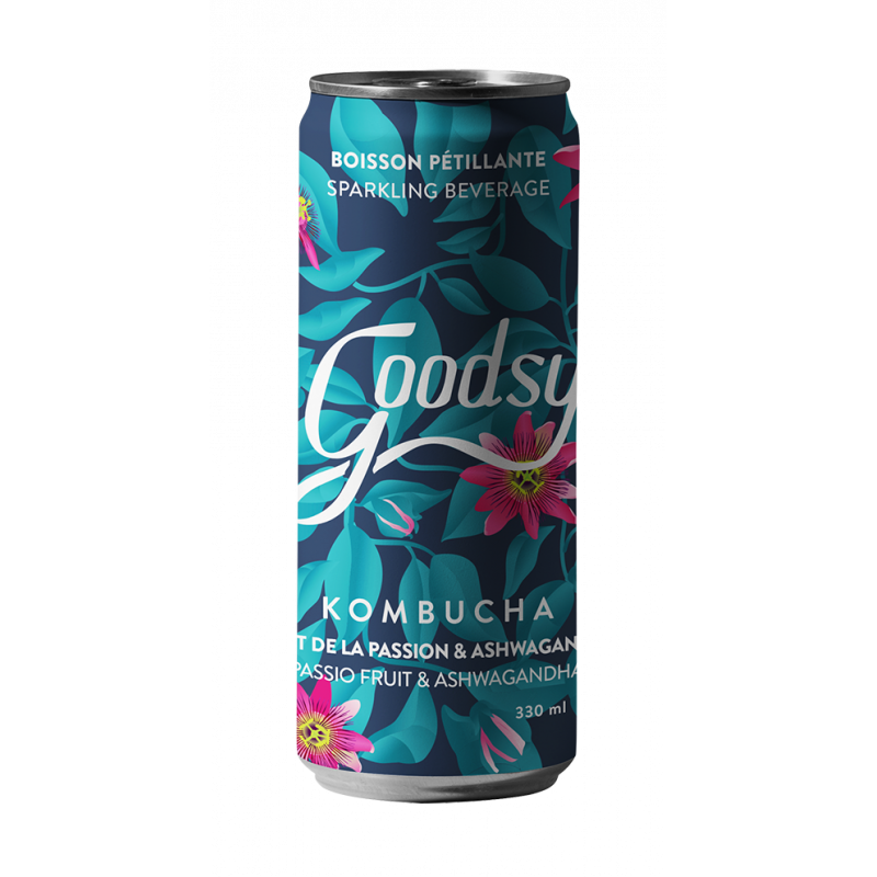 Kombucha fruit de la passion et ashweghanda, canette 33cl