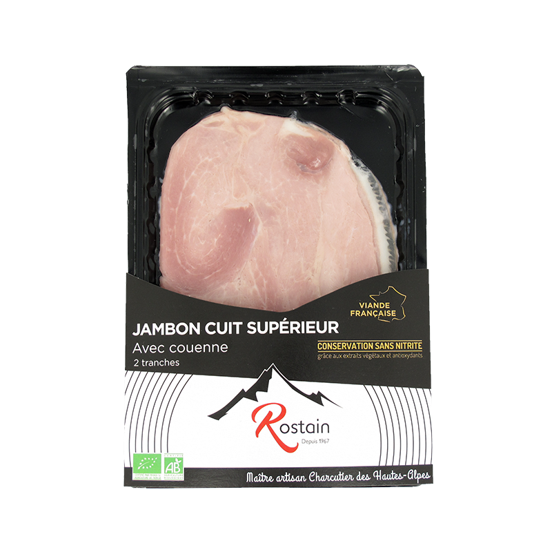 Jambon supérieur avec couenne, conservation sans nitrite, x2 80g