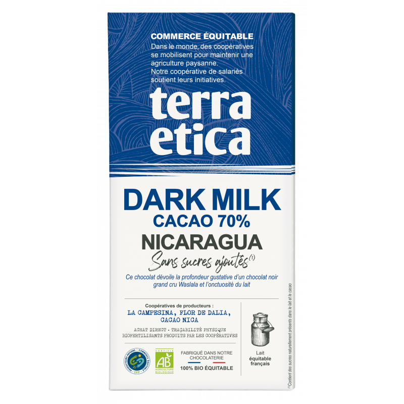 Tablette chocolat dark milk 70% sans sucre 100g