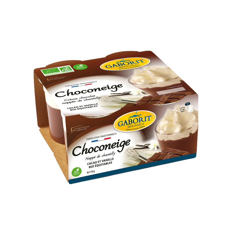 Choconeige, crème dessert au chocolat nappée crème chantilly 4x110g, dlc min 7 J