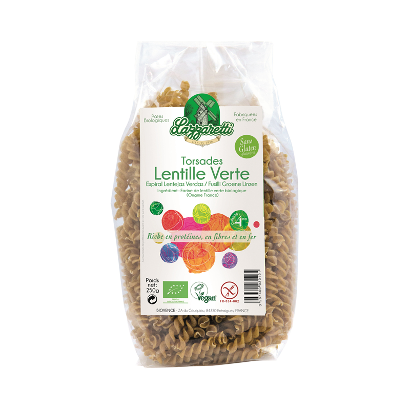 Pâte torsade aux  lentilles vertes, végan, sans gluten 250g