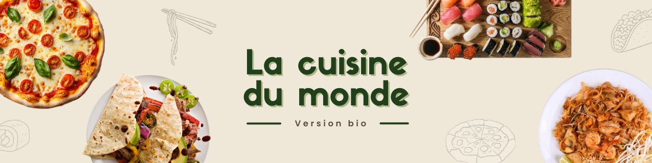 Bandeau présentation article sur la cuisine du monde avec pizza, fajitas, sushis et nouilles