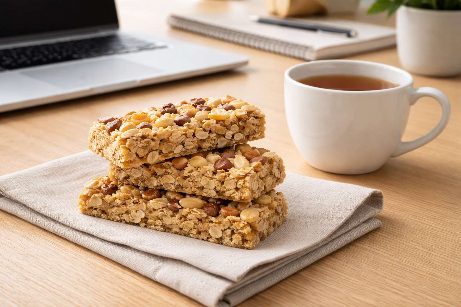 Petit déjeuner rapide avec barres de céréales maison et une tasse de thé