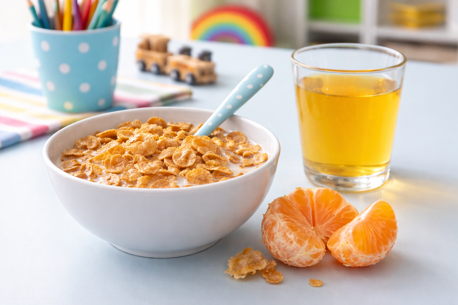 Petit déjeuner pour enfant avec bol de céréales, jus de pomme et clémentine