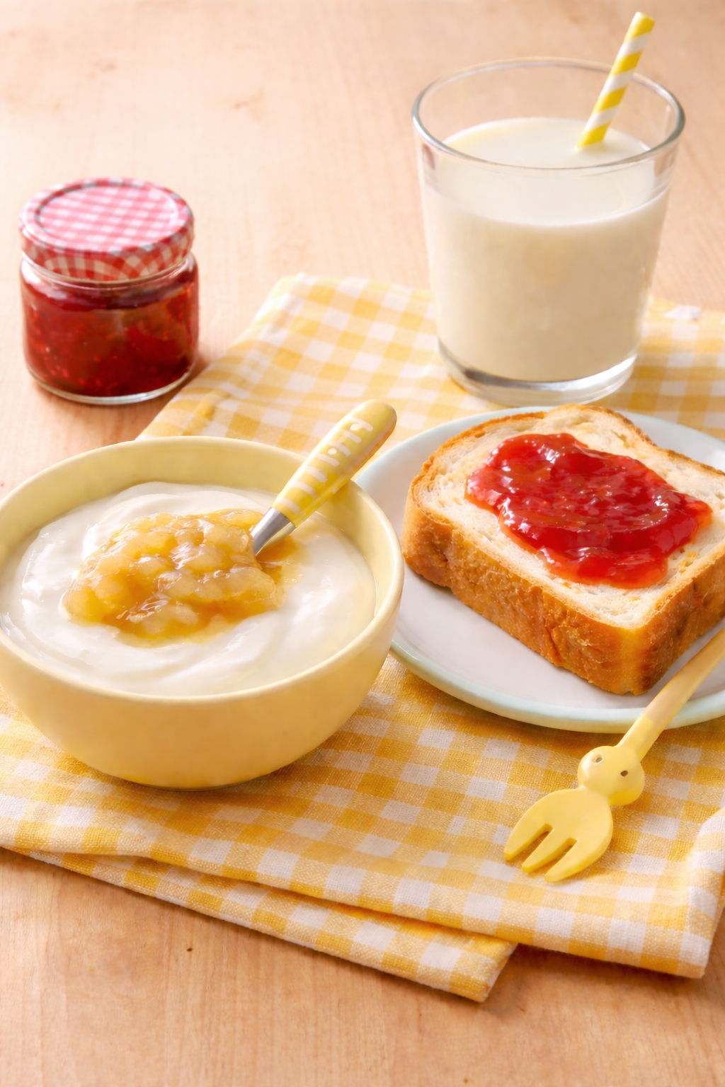 Petit déjeuner pour enfant avec fromage blanc brioche confiture et lait