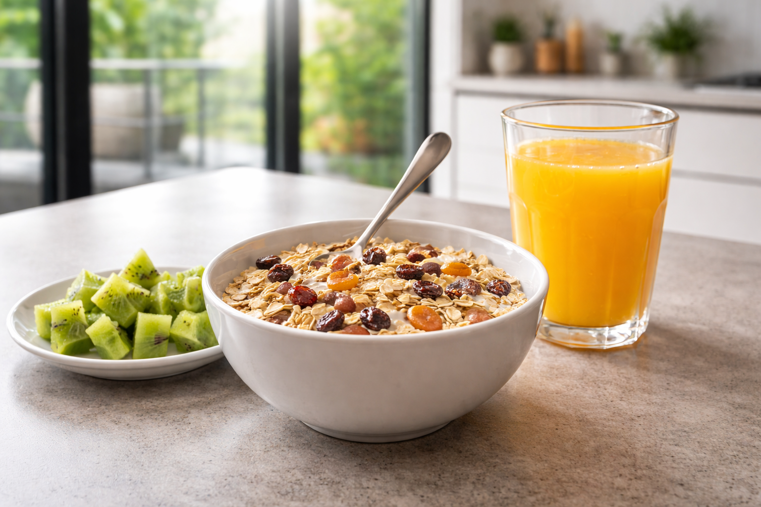 Petit déjeuner équilibré avec kiwi frais, skyr et muesli et verre de jus d'orange