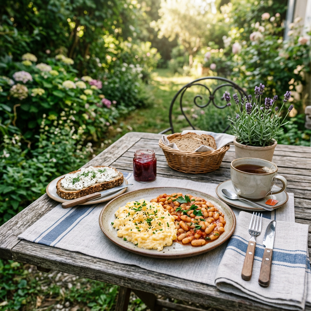 Petit déjeuner protéiné avec oeufs, haricots, tartine fromage frais et café
