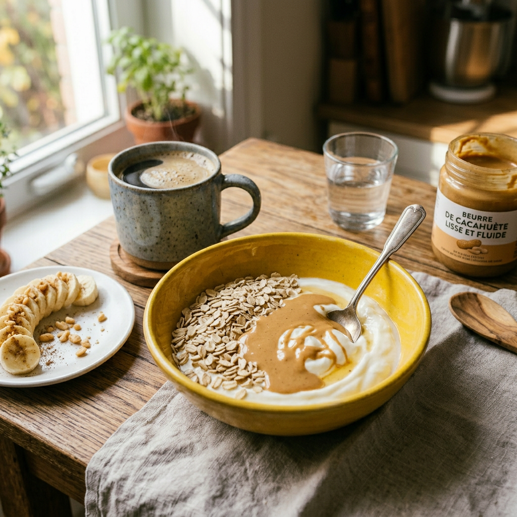 Petit déjeuner protéiné avec skyr, avoine, beurre de cacahuète, banane et café.